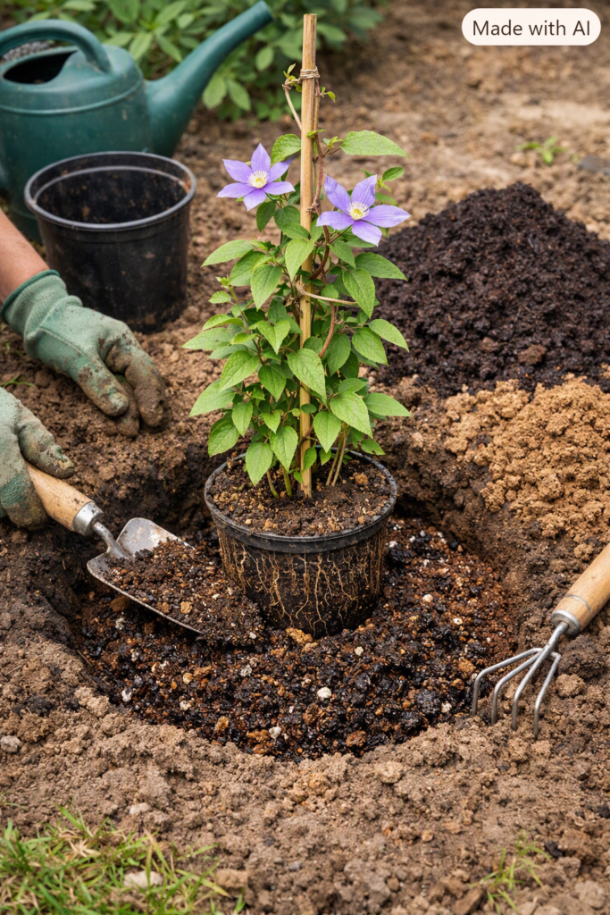 Plantación de clemátide en hoyo con mezcla de tierra y compost